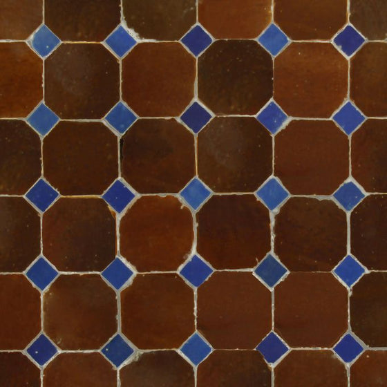 Pattern of brown and blue tiles on a floor
