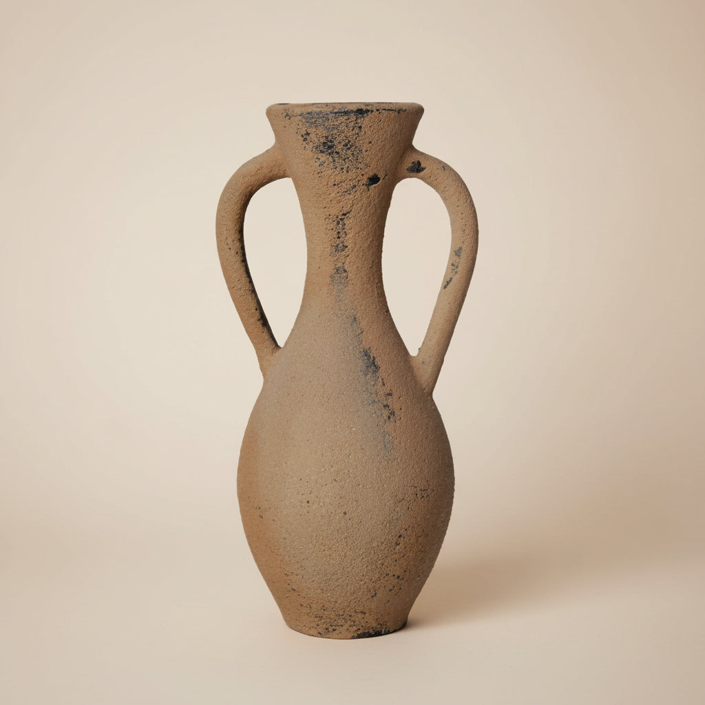 An ancient-style uber clay double-handled vase with a textured matte finish, shown against a plain warm off-white background.