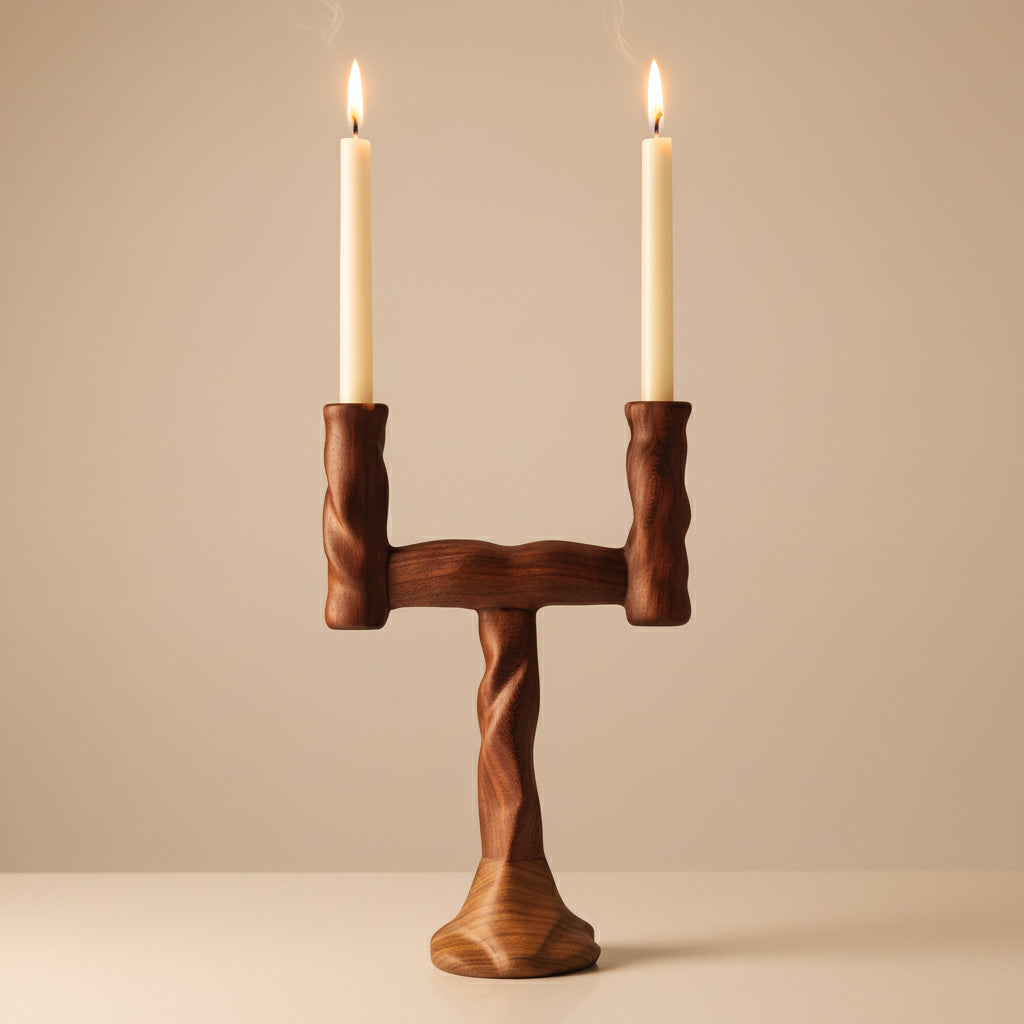 A rustic wooden Y-shaped candle holder with two twisted post bases and wavy arm details, holding two lit cream-colored taper candles, set against a neutral warm grey studio background.